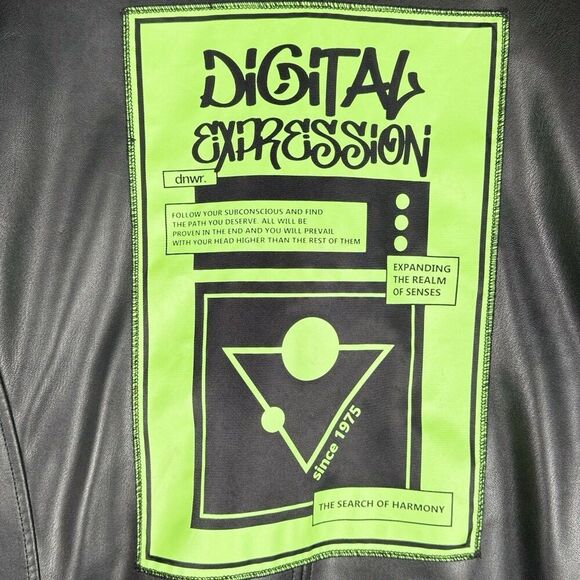 ZARA Sz S Men Faux Leather Patch Digital Expression Black Bike Moto Racer Jacket - Picture 10 of 14
